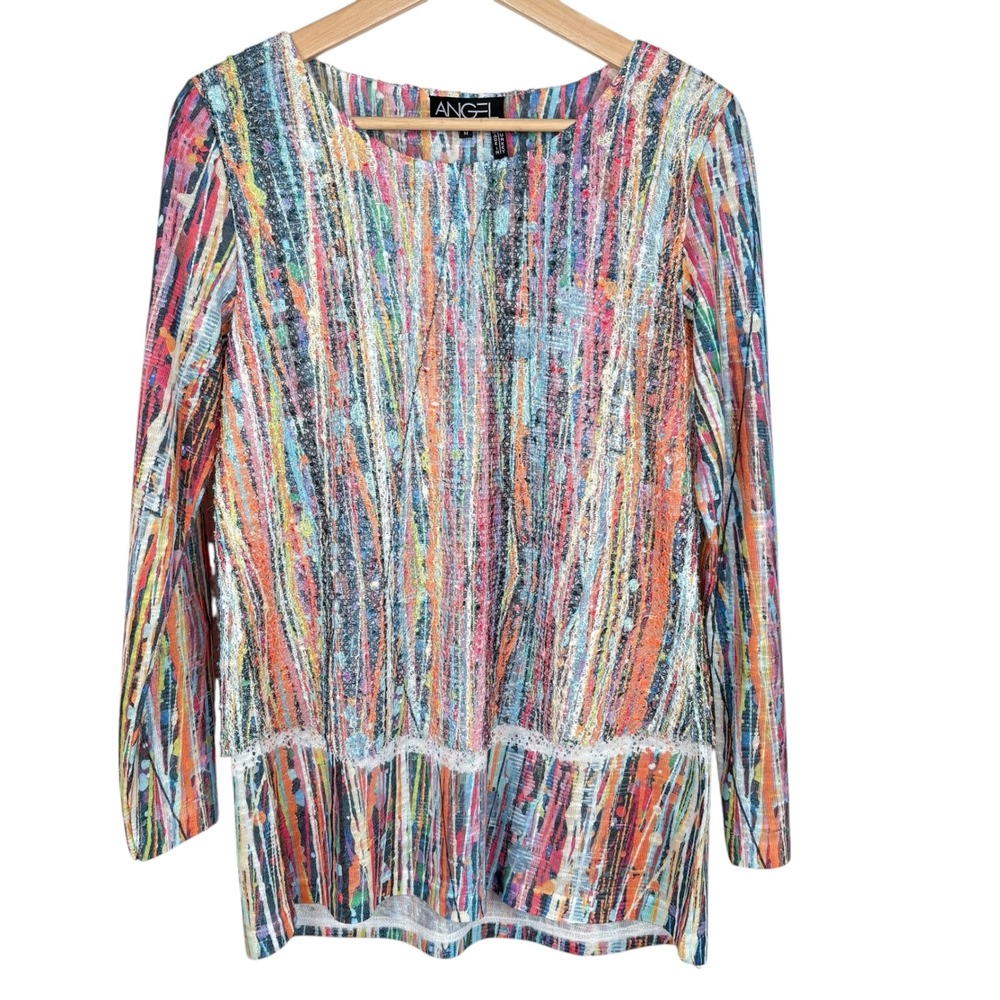 ANGEL Splattered Paint Layered Tunic Top Roll-Tab‎ Sleeves Sz M Wearable Art